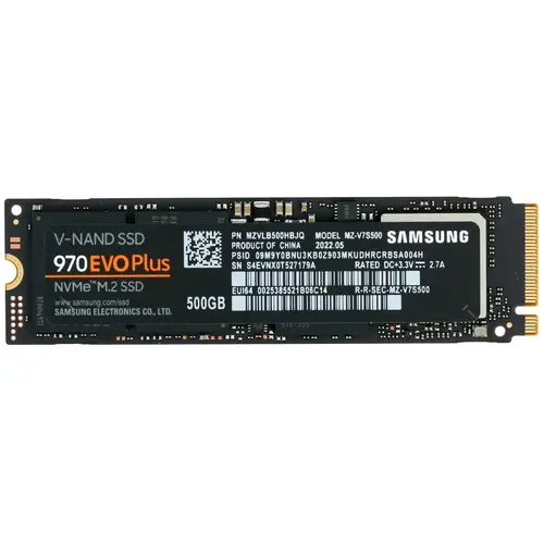 Накопитель SSD M.2 500GB Samsung 970 EVO Plus (MZ-V7S500) Retail (3500/3300МБ/сек, 480K/550K IOPS, NVMe PCI-Ex4 3.0, 3D TLC, TBW 300, M.2 2280)